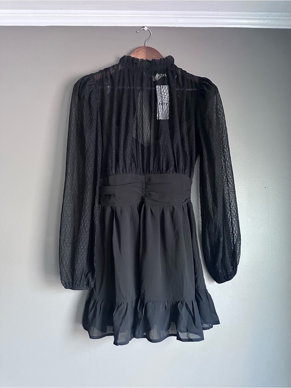 Privy Black Sheer-Sleeve Ruffle Hem Mini Dress Size Small Long Sleeve Dress